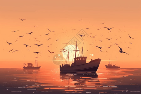 拖网黎明时港口的一艘渔船插画