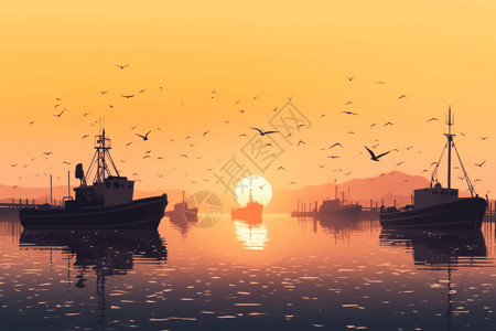 拖网港口的一艘渔船插画