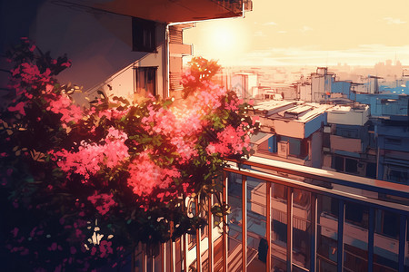 家居阳台上生长的鲜花图片