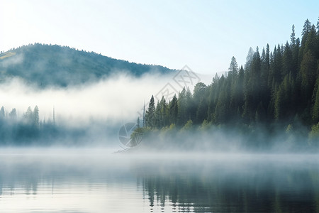 崂山上清宫景观山上的湖泊笼罩在晨雾中背景
