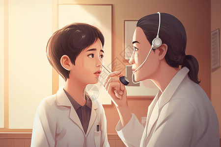 捂着耳朵孩子医生检查儿童的耳朵插图插画