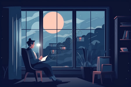 夜晚窗边看书的人背景图片