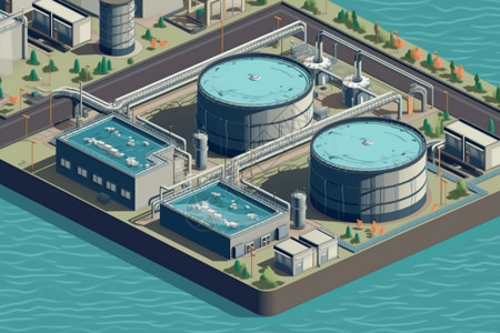 水箱素材管道和水箱分布的污水处理厂插画