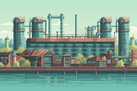 污水处理工厂一个巨大的水处理厂插画