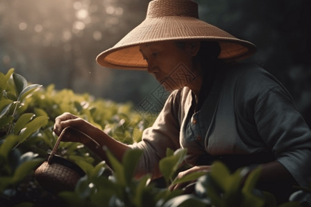 采茶者在收获茶叶图片