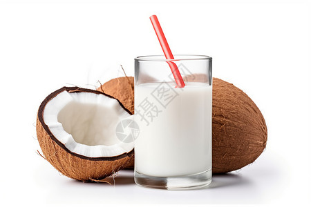 椰子饮品白色背景上的椰子壳和椰奶背景