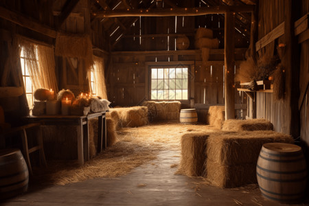 室内木屋谷仓里的干草包设计图片