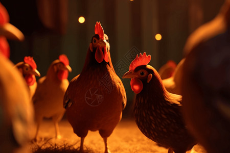 母鸡舍灯光下的鸡设计图片
