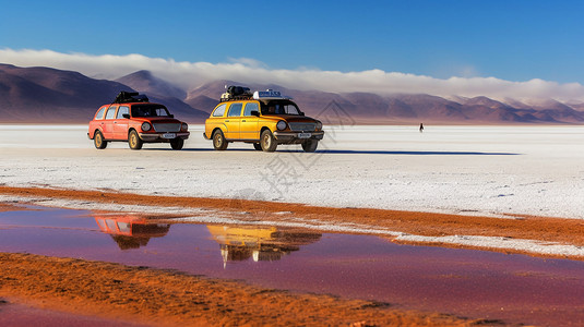旅游车素材盐湖中驾驶的旅游车背景