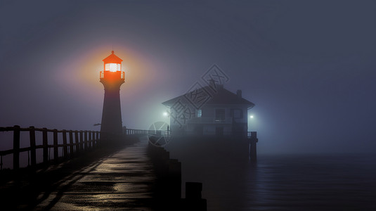雾蒙蒙的水上灯塔背景图片