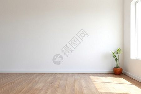 白色木地板房间内的白色砂浆墙背景