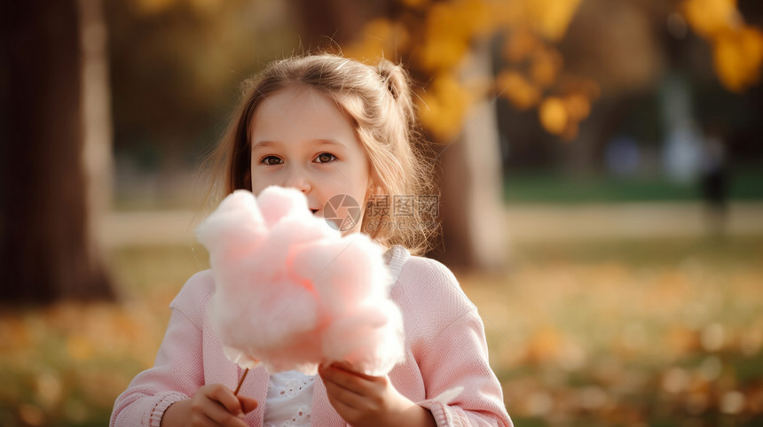 小女孩在公园吃棉花糖图片