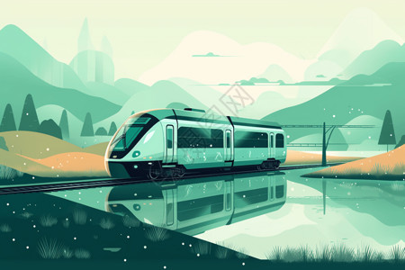 科技列车氢动力火车穿越山野插画