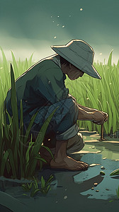 在稻田地里工作的农民图片