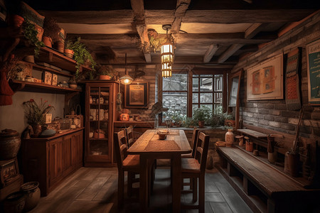 古朴餐厅温馨的小木屋插画