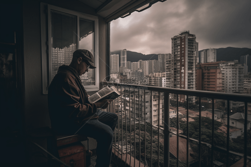 坐在阳台上看书的男人图片