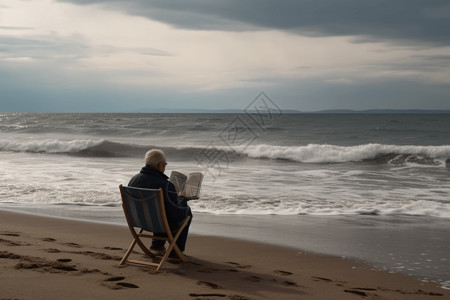 老人在沙滩上看书高清图片