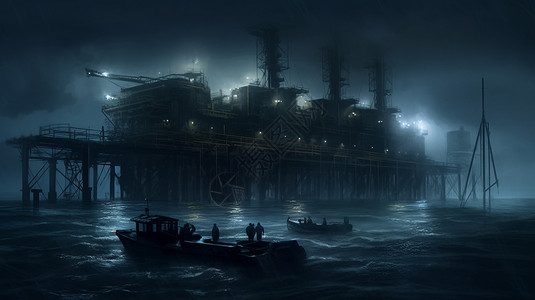 海洋发电厂笼罩在雾中背景图片