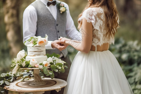 国庆节装饰蛋糕举行婚礼的夫妇背景