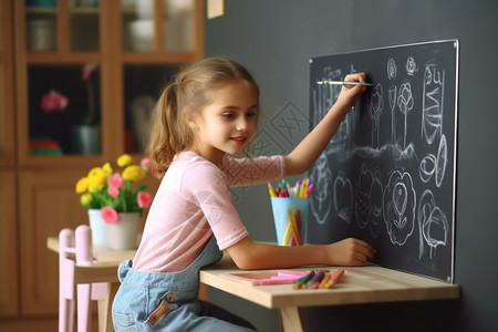 小女孩在黑板上画画高清图片