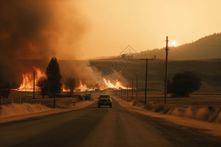汽车火灾路边的野火场景背景