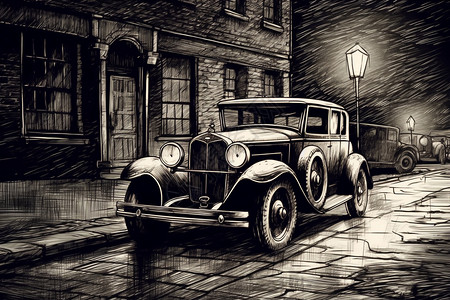 夜晚街道上的老式汽车插图图片