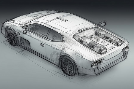 混合动力电动车铅笔素描的汽车效果图插画