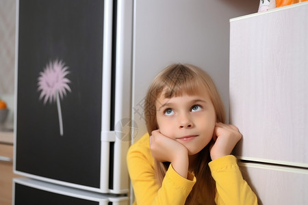 可爱的小女孩在冰箱留言板上画画图片