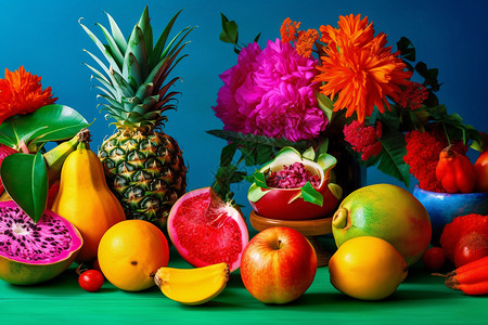 热带的水果和鲜花背景图片
