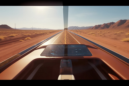 开车第一视角在沙漠高速公路上行驶的太阳能汽车的驾驶员视角插画