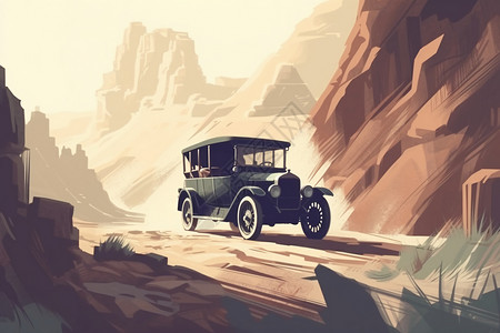 老式汽车中午驶过峡谷背景图片