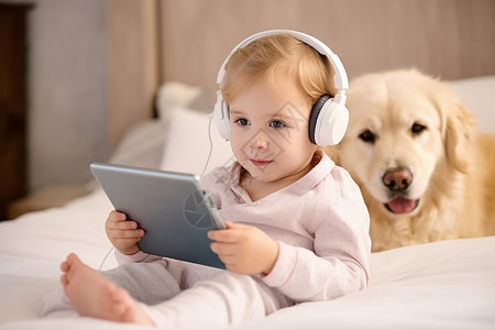 可爱的孩子用平板电脑听音乐图片