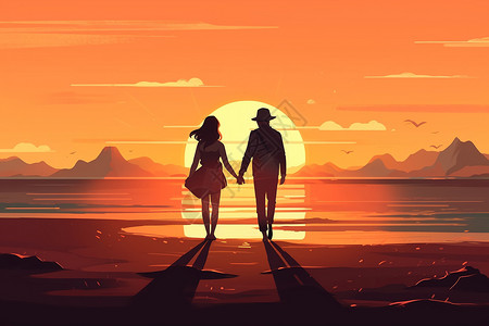 日落下牵手在海滩上散步的情侣插图图片