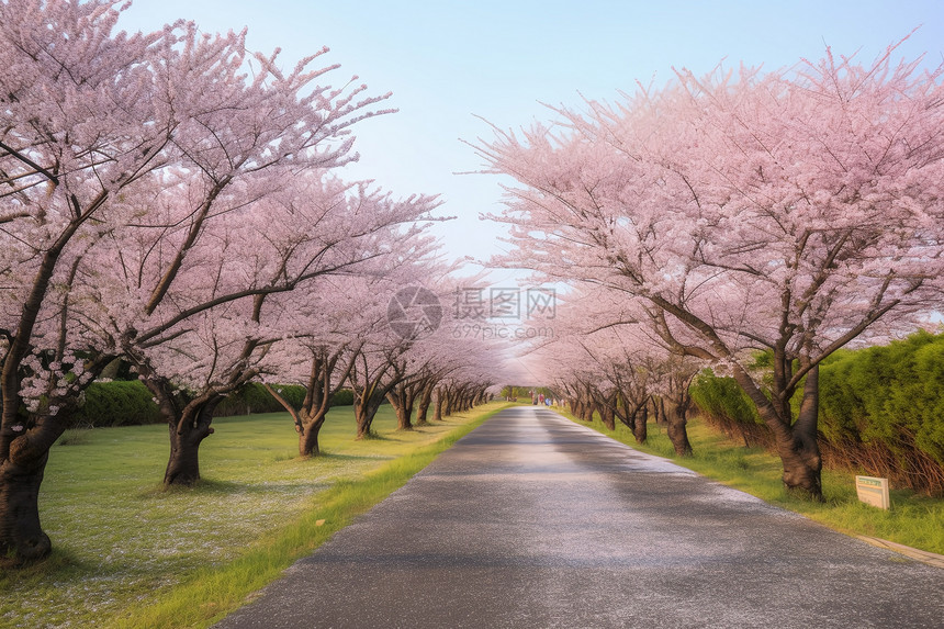 道路旁盛开的樱花树图片