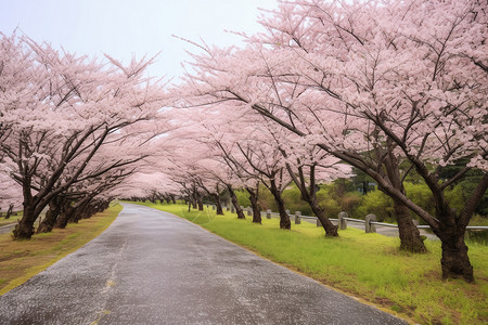道路旁风景道路旁的樱花树背景