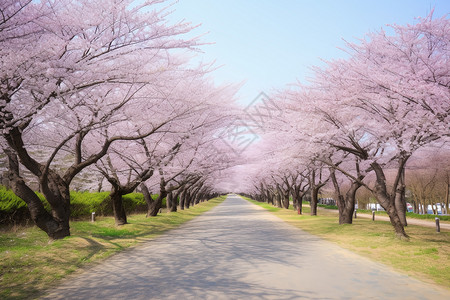 道路旁风景道路旁绽放的樱花背景