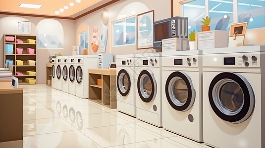 智能洗衣机商店中的洗衣机和烘干机插画