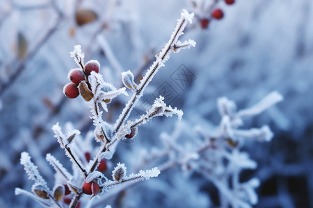 冬天树枝上冰霜植物图片