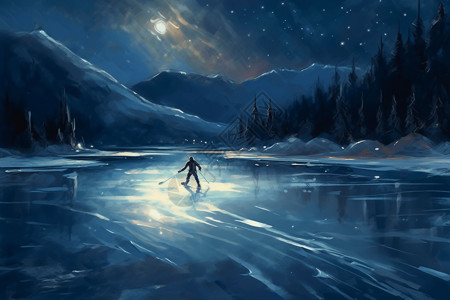 滑冰运动员夜间滑冰背景图片