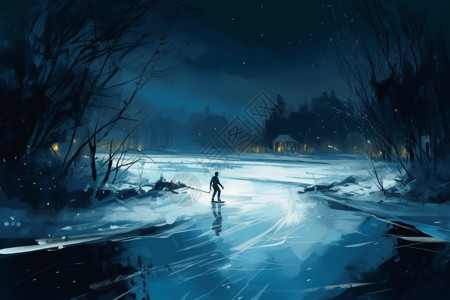 夜间滑行穿过冰冻的池塘图片