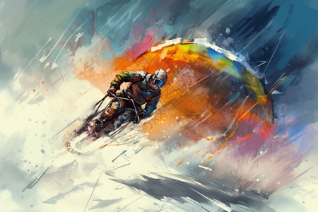 速度骑手同时滑雪和滑翔伞的绘画插画
