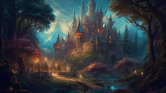 神奇森林里的魔法城堡背景图片