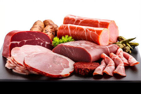 桌子上摆放着各种肉类产品高清图片