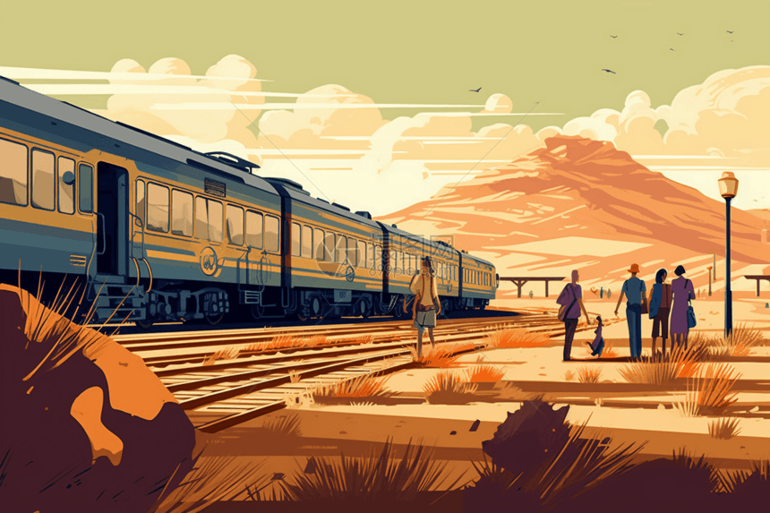 沙漠里的火车和旅行者图片
