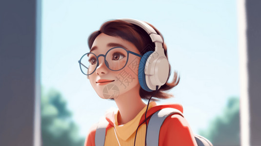 学生听音乐戴耳机的插画少女插画