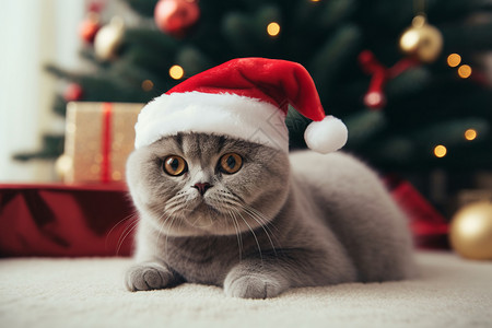 戴猫帽子戴着圣诞帽的猫背景