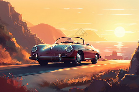 沙漠大海道路上的经典跑车插画