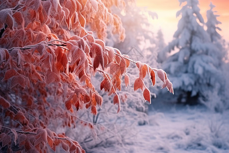 树叶被雪覆盖冻结背景图片