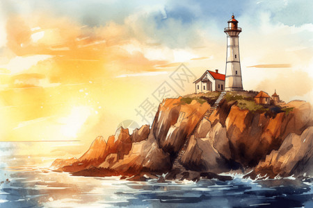 沿海印记灯塔夕阳下的灯塔插画