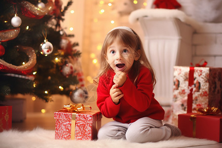 开心家里小孩子在家里打开圣诞节礼物背景